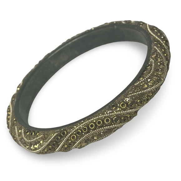 Jewelry - Black Rhinestone Brass Bead Bangle Bracelet Vintage
